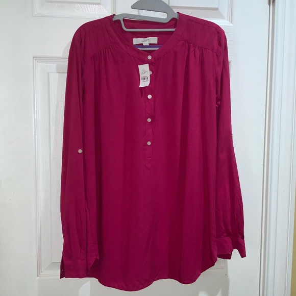 Loft pink half button tunic top blouse Sz S rolled tab sleeves New - Picture 1 of 5